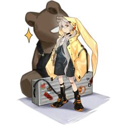 1girl aged_down black_choker black_overalls black_shoes choker closed_mouth coat girls&#039;_frontline grey_hair highres hood hood_down long_hair long_sleeves looking_at_viewer no_sense_of_shame official_alternate_costume official_art open_clothes open_coat overalls pkp_(after-rain_assault_squad)_(girls&#039;_frontline) pkp_(girls&#039;_frontline) shirt shoes sleeves_past_fingers sleeves_past_wrists socks solo stuffed_animal stuffed_toy teddy_bear transparent_background weapon_case white_shirt yellow_coat yellow_eyes