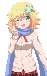 Rule 34 | 1girl, blonde hair, blue scarf, blush, breasts, buttons, commentary request, feet out of frame, female focus, flower, flower on head, gabriel dropout, green eyes, highres, long scarf, long sleeves, medium hair, one eye closed, open mouth, pocket, scarf, school uniform, simple background, sincos, skirt, small breasts, solo, standing, tapris chisaki sugarbell, v, white background