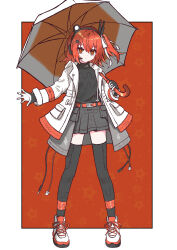 1girl a.i._voice absurdres adachi_rei antenna_hair audio_cable audio_jack belt belted_skirt black_gloves black_shirt black_skirt black_thighhighs border cable coat commentary_request computer_chip drawstring flat_chest gloves hair_between_eyes hair_ornament hair_ribbon headphones headset highres holding holding_umbrella hood hood_down hooded_coat legs_apart medium_hair noir_(noire6959) one_side_up open_clothes open_coat orange_background orange_belt orange_eyes orange_hair outside_border ribbon robot_girl shirt sidelocks skirt solo standing thighhighs turtleneck turtleneck_shirt two-tone_gloves umbrella utau white_border white_coat white_footwear white_gloves white_ribbon