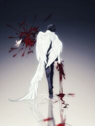 1boy black_hair blood chino_(sky_tanosi) feathered_wings from_behind full_body gradient_background highres indoors male_focus multiple_wings original reflection reflective_water ripples severed_arm severed_limb short_hair solo walking water white_wings wings