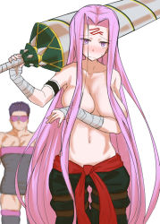 1boy 1girl arms_under_breasts bandages blush breasts caladbolg_(fate) collarbone convenient_censoring cosplay costume_switch covering_breasts covering_privates dress facial_mark fate/grand_order fate_(series) fergus_mac_roich_(fate) fergus_mac_roich_(fate)_(cosplay) forehead_mark hair_censor hair_over_breasts kikunosukemaru large_breasts long_hair medusa_(fate) medusa_(rider)_(fate) medusa_(rider)_(fate)_(cosplay) navel over_shoulder pants purple_eyes purple_hair short_hair standing sweatdrop sword thighhighs topless_female very_long_hair weapon weapon_over_shoulder zettai_ryouiki