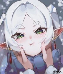 1girl 1other 46_coffee absurdres blue_scarf blurry blush close-up commentary dutch_angle earrings elf film_grain frieren green_eyes hair_intakes hand_on_another&#039;s_cheek hand_on_another&#039;s_face highres long_hair parted_lips pointy_ears scarf short_eyebrows sidelocks snow snowing solo_focus sousou_no_frieren teardrop_earrings thick_eyebrows twintails white_hair