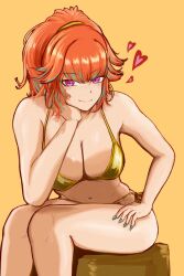 1girl aqua_hair aqua_nails bikini breasts cleavage closed_mouth earrings elbow_rest freckles gold_bikini gold_earrings head_rest heart highres hololive hololive_english hoop_earrings jewelry large_breasts looking_at_viewer multicolored_hair navel orange_hair ponytail purple_eyes simple_background sitting smile solo streaked_hair swimsuit takanashi_kiara thighs virtual_youtuber yellow_background zuardstar