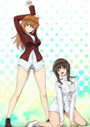 Rule 34 | 2girls, absurdres, blue eyes, blush, breasts, brown eyes, brown hair, charlotte e. yeager, grin, highres, large breasts, long hair, looking at viewer, memory (prophet5), military uniform, multiple girls, no pants, open mouth, orange hair, panties, polka dot, polka dot background, simple background, smile, strike witches, takei junko, underwear, white panties, world witches series