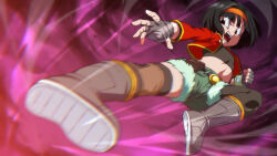 Rule 34 | 1girl, black gloves, black hair, black shirt, black thighhighs, boots, cropped jacket, cropped shirt, dragon ball, dragon ball heroes, fingerless gloves, gloves, green shorts, grey gloves, headband, imminent kick, incoming kick, jacket, kicking, midriff, open mouth, orange headband, pan (dragon ball), pan (xeno), pan (xeno) (dragon ball), pouch, red jacket, rom (20), shirt, short hair, short shorts, shorts, solo, thighhighs