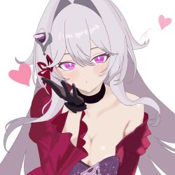 1girl aquamarine725 bare_shoulders bow breasts dress hair_bow hair_ornament highres honkai_(series) honkai_impact_3rd large_breasts long_hair pink_eyes simple_background thelema_nutriscu thelema_nutriscu_(mad_pleasure:_shadowbringer) white_hair