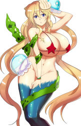 1girl bikini bikini_top_only blonde_hair blue_eyes bottomless bracelet breasts covering_privates covering_crotch curvy female_focus graphite_(medium) groin highres huge_breasts jellyfish jewelry long_hair looking_at_viewer mermaid micro_bikini monster_girl navel original red_bikini seaweed shell simple_background solo string_bikini swimsuit tamanegiya traditional_media very_long_hair white_background wide_hips