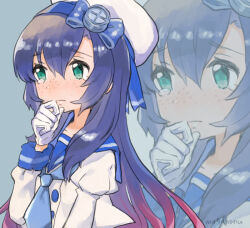 1girl blue_background blue_hair blue_neckerchief blush closed_mouth commentary_request freckles gloves gradient_hair green_eyes hair_between_eyes hand_to_own_mouth hat kantai_collection long_hair long_sleeves matsuwa_(kancolle) mogamiya_honu multicolored_hair neckerchief purple_hair sailor_collar school_uniform serafuku solo tears upper_body very_long_hair white_gloves white_hat zoom_layer