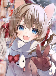 1girl animal_ears blue_eyes blurry bow bowtie brown_hair character_request chinese_text coat depth_of_field english_text female_focus gloves hair_ribbon looking_at_viewer outdoors red_bow red_bowtie red_gloves red_ribbon ribbon scarf solo suimya tagme watermark white_scarf winter winter_clothes winter_coat winter_gloves