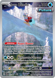 artist_name black_sclera blue_eyes card_(medium) character_name closed_mouth colored_sclera company_name copyright_name copyright_notice english_text ice iron_bundle nintendo no_humans non-humanoid_robot official_art outdoors pokemon pokemon_(creature) pokemon_card pokemon_focus pokemon_tcg robot teeziro third-party_source trading_card tree