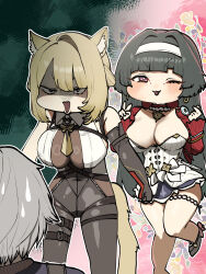 1boy 2girls absurdres animal_ear_fluff animal_ears astra_yao bare_shoulders black_hair blonde_hair blush breasts cat_ears cat_girl cat_tail chest_harness chibi chroong dress earrings elbow_gloves evelyn_chevalier eyebrows_hidden_by_hair gloves grey_hair hairband hands_up harness high-waist_pants highres jacket jewelry kemonomimi_mode legs_apart long_hair looking_at_another multiple_girls necklace one_eye_closed open_mouth pants parted_bangs partially_shaded_face pearl_necklace pink_eyes red_jacket shirt short_hair short_shorts shorts single_elbow_glove sleeveless sleeveless_shirt smile standing standing_on_one_leg sweatdrop tail thigh_beads uneven_bangs v v-shaped_eyebrows white_hairband white_shirt wise_(zenless_zone_zero) zenless_zone_zero