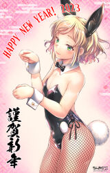 1boy 2023 animal_ears artist_name black_bow black_bowtie black_leotard blonde_hair blush bow bowtie bulge chinanago chinanago7010 chinese_zodiac collarbone covered_navel cowboy_shot detached_collar fishnet_pantyhose fishnets floral_background from_side green_eyes happy_new_year highres leotard male_focus nengajou new_year original pantyhose patterned_background paw_pose pink_background playboy_bunny rabbit_ears rabbit_tail short_hair signature smile solo tail trap twitter_username wrist_cuffs year_of_the_rabbit