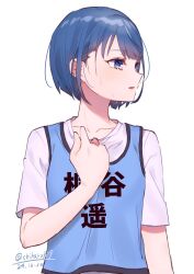 1girl artist_name blue_eyes blue_hair blue_vest clothes_lift collar_tug collarbone commentary dated harusawa highres kiritani_haruka looking_to_the_side open_mouth project_sekai shirt_lift short_hair simple_background solo sweat symbol-only_commentary upper_body vest white_background