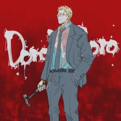 1boy blonde_hair blood blood_on_clothes blue_shirt closed_mouth commentary copyright_name cowboy_shot dorohedoro english_commentary formal_clothes glasses grey_suit hammer hand_in_pocket highres holding holding_hammer looking_ahead male_focus needbee_r red_background shin_(dorohedoro) shirt short_hair solo suit