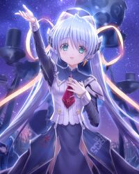 Rule 34 | 1girl, :d, arm up, blue dress, blue hair, blush, commentary request, cowboy shot, dress, goto p, green eyes, hair between eyes, hair ribbon, hand on own chest, hand up, hoshino yumemi, long hair, long ribbon, long sleeves, looking at viewer, low twintails, necktie, night, night sky, open mouth, planetarian, red necktie, ribbon, robot ears, sky, smile, solo, star (sky), starry sky, twintails, very long hair, yellow ribbon