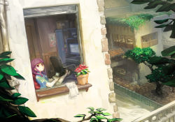 1girl barefoot blunt_bangs box building canal cardboard_box chair cityscape cobblestone crossed_ankles drainpipe dutch_angle female_focus flower flower_pot handheld_game_console hime_cut long_hair looking_at_viewer looking_outside monitor nintendo_3ds office_chair on_bed original orz_(orz57) overgrown plant playing_games potted_plant purple_eyes purple_hair railing red_eyes scenery sitting solo swivel_chair tile_roof town tree window