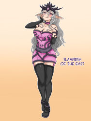 1girl black_boots black_gloves blush boots breasts chaos_(warhammer) character_name cleavage closed_mouth covered_erect_nipples crown demon_girl dress elbow_gloves elven_ears fang full_body gloves grey_hair hand_on_own_cheek hand_on_own_face highres idiot_of_the_east large_breasts long_boots long_glove long_hair looking_at_viewer miniskirt orange_background outline pink_dress pink_eyes pointy_ears simple_background skirt slaanesh solo strapless strapless_dress thigh_boots warhammer_40k warhammer_fantasy wavy_hair white_hair white_outline