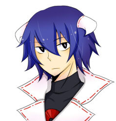 1boy akame_ga_kill! beard_stubble black_eyes black_shirt blue_hair demon_horns facial_hair horns looking_at_viewer male_focus portrait shirt short_hair solo stubble susanoo_(akame_ga_kill!) turtleneck white_background yutoma