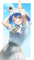 1girl ;d ahoge arms_up blue_bow blue_bowtie blue_eyes blue_hair border bow bowtie collared_shirt commentary food grey_skirt grin highres holding holding_food looking_at_viewer make_heroine_ga_oo_sugiru! medium_hair one_eye_closed open_mouth outside_border pleated_skirt revision santori school_uniform shirt shirt_tucked_in short_sleeves skirt sky smile solo summer_uniform teeth tsuwabuki_high_school_uniform white_border white_shirt yanami_anna yellow_bow yellow_bowtie
