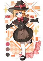 1girl :d absurdres apron artist_request black_capelet black_gloves black_hat black_shoes black_skirt black_vest blonde_hair blue_eyes blush bow bowtie braid bright_pupils brown_apron buttons candy capelet commission cookie_(touhou) elbow_gloves food full_body gloves hair_bow hat hat_bow highres kirisame_marisa looking_at_viewer mary_janes meguru_(cookie) open_mouth outstretched_arms pantyhose pink_bow red_bow red_bowtie second-party_source shoes short_hair side_braid single_braid skirt skirt_set smile solo spread_arms standing standing_on_one_leg touhou transparent_background vest waist_apron white_pantyhose white_pupils witch_hat wrapped_candy