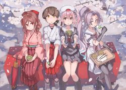 Rule 34 | 4girls, black legwear, brown hair, cherry blossoms, dango, drill hair, food, green tea, hanami, harukaze (kancolle), harusame (kancolle), hatsuharu (kancolle), highres, japanese clothes, kanji connection, kantai collection, kasuga maru (kancolle), kimono, long hair, meiji schoolgirl uniform, multiple girls, name connection, oil-paper umbrella, outdoors, pink hair, ponytail, purple eyes, purple hair, red eyes, school uniform, serafuku, short hair, side ponytail, socks, sugue tettou, tea, thighhighs, trait connection, umbrella, wagashi, yellow eyes