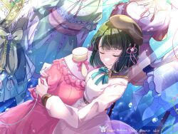 Rule 34 | 1girl, aoku haruka, aoku haruka/flower, beret, black hair, blunt bangs, blunt ends, breasts, brown hat, character age, character name, closed eyes, closed mouth, commentary request, dream believers, dress, flower, flower knot, frilled dress, frills, green kimono, green ribbon, hair flower, hair ornament, happy birthday, hat, highres, japanese clothes, kimono, link! like! love live!, long sleeves, love live!, mannequin, medium breasts, momose ginko, neck ribbon, official alternate costume, pink dress, puffy short sleeves, puffy sleeves, reflection in the mirror (love live!), ribbon, sakari (pear 8 ll), seiran no koi nagashi (love live!), short hair, short sleeves, smile, solo, tsukuyomi kurage, unworn dress, virtual youtuber, white dress