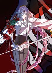 1boy absurdres androgynous animification ascot bishounen braid brooch chinese_commentary commentary_request corset crown dream_smp earrings flower grey_pants highres holding holding_sword holding_weapon humanization jewelry long_hair long_sleeves looking_at_viewer male_focus minecraft_youtube pants pink_hair pointy_ears red_eyes red_flower shirt single_braid single_earring smile solo sword technoblade trap variant_set very_long_hair weapon white_ascot white_shirt y833538560