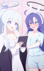 2girls absurdres animal_print black_halo blue_archive blue_pajamas blue_shirt blue_shorts blush cat_print commentary doodle_sensei_(blue_archive) dress fortysansan hairband halo highres holding holding_picture_frame long_hair mechanical_halo multiple_girls noa_(blue_archive) noa_(pajamas)_(blue_archive) open_mouth pajamas picture_frame ponytail purple_eyes purple_hair sensei_(blue_archive) shirt shorts sparkle white_dress white_hair white_hairband white_halo white_pajamas yuuka_(blue_archive) yuuka_(pajamas)_(blue_archive)