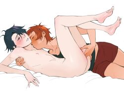 Rule 34 | 2boys, anal fingering, arm around shoulder, black hair, black shirt, blue eyes, blush, closed eyes, closed mouth, clothed male nude male, collarbone, commentary, couple, english commentary, fingering, fushimi saruhiko, highres, k-project, kiss, kissing neck, legs up, lying, male focus, male underwear, multiple boys, nipples, nude, on back, on side, orange hair, parted lips, red male underwear, scar, scar on shoulder, shiny skin, shirt, simple background, testicles, treslech3s, underwear, white background, yaoi, yata misaki