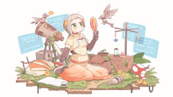 1girl black_boots black_gloves blunt_bangs book boots braid braided_ponytail brown_jacket chis-a coat commentary_request elbow_gloves faux_figurine flower fly_agaric folded_clothes gears gloves gomahichi gradient_clothes gradient_skirt grey_hair hair_flower hair_ornament hand_up highres holding holding_magnifying_glass holding_quill holographic_interface inkwell jacket leaf long_hair looking_at_animal magnifying_glass mobile multicolored_hair mushroom non-humanoid_robot on_floor open_book orange_hair orange_skirt overgrown plant potted_plant puffy_short_sleeves puffy_sleeves quill robot robot_animal robot_bird short_sleeves simple_background sitting skirt solo streaked_hair telescope test_tube tsuchinoko unworn_coat voisona wariza white_background wooden_box wooden_floor yellow_flower