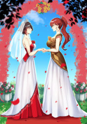 2girls absurdres arch bare_arms bare_shoulders black_hair blue_sky blush bracelet breasts bridal_veil brown_dress brown_eyes cloud commission couple day diadem dress earrings eye_contact facing_another female_focus floral_arch flower from_side full_body gradient_hair green_eyes grey_eyes grin hair_ornament hand_up happy height_difference high_ponytail highres holding holding_hands jewelry large_breasts long_dress long_hair looking_at_another lulu-chan92 medium_breasts multicolored_dress multicolored_hair multiple_girls outdoors parted_lips petals plant ponytail pot potted_plant pyrrha_nikos red_dress red_flower red_hair rose rose_petals ruby_rose rwby short_hair sky sleeveless sleeveless_dress smile standing strapless strapless_dress teeth two-tone_hair veil wedding wedding_dress white_dress white_flower wife_and_wife yuri