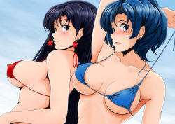 2girls arm_up armpits bikini bishoujo_senshi_sailor_moon black_eyes black_hair blue_hair blush breasts collarbone dutch_angle earrings covered_erect_nipples female_focus from_below hino_rei jewelry large_breasts long_hair looking_at_viewer looking_down mizuno_ami multiple_girls nanashi_noiji navel open_mouth outdoors purple_eyes sailor_mars sailor_mercury short_hair sky smile swimsuit underboob upper_body