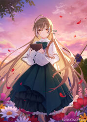1girl ahoge azuuru blurry book brown_eyes brown_hair capelet cloud cloudy_sky collared_shirt cosmos_(flower) daisy depth_of_field dress falling_leaves field fingernails flower flower_field frilled_sleeves frills green_ribbon green_skirt hair_ornament hair_ribbon hairclip highres hololive hololive_english layered_skirt leaf long_hair long_skirt looking_at_viewer multicolored_hair nanashi_mumei official_alternate_costume official_art overskirt parted_lips puffy_sleeves ribbon shirt skirt sky solo streaked_hair tree twilight very_long_hair virtual_youtuber white_capelet white_shirt windmill
