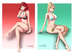 2girls absurdres bikini blonde_hair breasts cleavage core_crystal_(xenoblade) crossed_legs highres large_breasts leg_ring long_hair mature_female multiple_girls mythra_(xenoblade) nintendo pin_up pyra_(xenoblade) red_eyes red_hair short_hair sonicheroxd swimsuit xenoblade_chronicles_(series) xenoblade_chronicles_2 yellow_eyes
