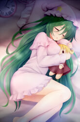 Rule 34 | 1girl, bare legs, between breasts, blush, breasts, character doll, commentary request, curly hair, doll, elly (touhou), frilled pajamas, frills, green hair, hair between eyes, hands up, highres, indoors, kazami yuuka, kazami yuuka (pc-98), large breasts, legs folded, long hair, lotus land story, lying, natsu (927013), on bed, on side, open mouth, pajamas, pink pajamas, sleeping, solo, thighs, touhou, touhou (pc-98), very long hair
