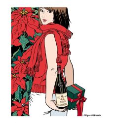 1girl artist_name bare_shoulders border bottle box brown_eyes brown_hair eguchi_hisashi eyelashes flower from_behind gift gift_box holding holding_bottle holding_gift lips looking_at_viewer looking_back nose original out_of_frame pants poinsettia red_flower red_lips red_scarf red_sweater scarf simple_background sleeveless smile solo sweater thick_lips white_background white_border white_pants wine_bottle