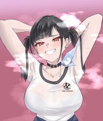 Rule 34 | 1girl, absurdres, black bra, black choker, black hair, blunt bangs, blush, bra, bra visible through clothes, breasts, choker, collarbone, earbuds, earphones, goddess of victory: nikke, grin, hands up, highres, kawatti, lace, lace-trimmed bra, lace trim, large breasts, long hair, orange eyes, pendant choker, see-through clothes, see-through shirt, shirt, short sleeves, simple background, smile, solo, sora (nikke), sweat, teeth, twintails, underwear, upper body, white shirt