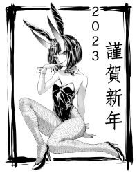 1girl 2023 animal_ear_hairband animal_ears arm_support border fake_animal_ears fate/grand_order fate_(series) fishnet_pantyhose fishnets greyscale grin hairband high_heels highres horns leotard looking_at_viewer monochrome pantyhose playboy_bunny rabbit_ear_hairband rabbit_ears shuten_douji_(fate) skin-covered_horns smile solo sterben translation_request wrist_cuffs