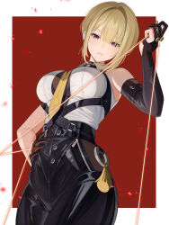 1girl absurdres blonde_hair breasts closed_mouth collared_shirt elbow_gloves evelyn_chevalier eyebrows_hidden_by_hair eyes_visible_through_hair facing_viewer fingerless_gloves gloves hand_on_own_hip high-waist_pants highres large_breasts latex_pants looking_at_viewer mei_(neekoandlulu) mole mole_under_eye necktie pants purple_eyes shirt single_elbow_glove sleeveless sleeveless_shirt solo standing tight_clothes tight_pants yellow_necktie zenless_zone_zero