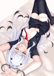 1girl arms_up bed_sheet belt belt_buckle between_breasts black_pantyhose bound bound_wrists bra breasts buckle cuffs fate/grand_order fate_(series) forked_eyebrows handcuffs highres licking_lips lie_flat long_hair looking_at_viewer melusine_(fate) navel necktie necktie_between_breasts open_clothes panties pantyhose police police_uniform policewoman raji_(largesaint2210) red_necktie short_sleeves small_breasts smile solo thighs tongue tongue_out underwear unworn_bra white_hair white_panties yellow_eyes