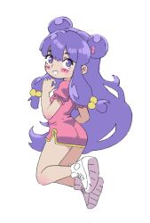 Rule 34 | 1girl, blush, china dress, chinese clothes, commentary, double-parted bangs, double bun, dress, full body, hair bun, highres, long hair, looking back, pink dress, purple eyes, purple hair, qtkat, ranma 1/2, shampoo (ranma 1/2), shoes, simple background, smile, solo, white background, white shoes
