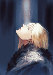 1boy absurdres adam&#039;s_apple black_fur blonde_hair blue_cape blue_eyes cape commentary_request dimitri_alexandre_blaiddyd dimitri_alexandre_blaiddyd_(timeskip) fire_emblem fire_emblem:_three_houses from_side head_back highres light_particles looking_up male_focus nintendo parted_lips profile s3junk solo teeth white_fur