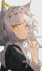 Rule 34 | 1girl, animal ears, arknights, black dress, cat ears, cat girl, chinese commentary, chromatic aberration, closed mouth, commentary request, dress, extra ears, green eyes, grey background, grey hair, highres, kal&#039;tsit (arknights), kal&#039;tsit (maid) (arknights), long sleeves, looking at viewer, maid, maid headdress, official alternate costume, openvl, simple background, solo, upper body