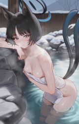 1girl animal_ear_fluff animal_ears black_eyes black_hair blue_archive blush breasts cat_ears cat_girl cat_tail closed_mouth commentary highres kikyou_(blue_archive) looking_at_viewer medium_breasts mellow_(srpp4843) multiple_tails naked_towel nose_blush onsen short_hair snow solo steam symbol-only_commentary tail thighs towel two_tails wading water wet wooden_wall
