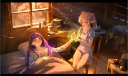 2girls blunt_bangs blush breasts casting_spell chair cleavage closed_eyes double-parted_bangs dress elf fern_(sousou_no_frieren) frieren geez green_eyes highres holding_hands indoors large_breasts light_smile long_hair lying multiple_girls on_back on_bed on_chair parted_lips pointy_ears purple_eyes purple_hair sick sidelocks sitting sousou_no_frieren sweat twintails under_covers white_dress white_hair