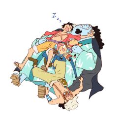 4boys antlers black_hair blue_kimono blue_skin closed_eyes colored_skin commentary facial_hair full_body geta goatee goggles goggles_around_neck hat horns japanese_clothes jinbe_(one_piece) kimono lying_on_person male_focus monkey_d._luffy multiple_boys one_piece orange_shorts purple_sash reindeer_antlers sash scar scar_on_face shorts sleeping straw_hat suspenders symbol-only_commentary tony_tony_chopper usopp xiaoyuanqixiao zzz