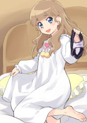 Rule 34 | 1girl, barefoot, bed, bed sheet, black panties, blue eyes, blunt bangs, blush, brown hair, eyebrows hidden by hair, foot out of frame, heart, heart (symbol), highres, holding, holding unworn clothes, holding panties, holding underwear, holding unworn clothes, kikurage (crayon arts), light brown hair, long hair, long sleeves, looking at viewer, looking to the side, mewkledreamy, nightgown, on bed, open mouth, panties, pantyhose, pillow, pom pom (clothes), smile, solo, star (symbol), star in eye, symbol in eye, tsukishima maira, underwear, wavy hair, wet, wet clothes, wet panties, white nightgown