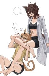2girls agnes_tachyon_(umamusume) ahoge animal_ears barefoot black_shorts black_sports_bra breasts brown_hair chemical_structure choke_hold cleavage coat commentary_request earrings feet hair_between_eyes hair_ornament highres horse_ears horse_girl horse_tail jewelry jungle_pocket_(umamusume) lab_coat matoi_sakuretsu multicolored_hair multiple_girls open_clothes open_coat open_mouth shirt shorts simple_background single_earring sitting sleeves_past_fingers sleeves_past_wrists soles sports_bra strangling streaked_hair tail toes umamusume white_background white_hair x_hair_ornament yellow_shirt