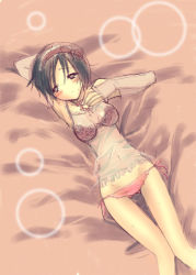 Rule 34 | 1girl, bed, blush, bra, chemise, detached sleeves, female focus, jakou nezumi, lace, lace-trimmed bra, lace-trimmed panties, lace trim, lingerie, lowleg, lowleg panties, lying, on back, panties, pink bra, pink panties, short hair, side-tie panties, solo, thigh gap, thighs, underwear, underwear only