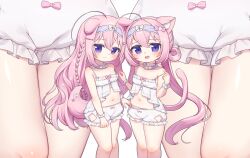 2girls ahoge animal_ear_fluff animal_ears ass bloomers blush bow bow_bloomers braid breasts camisole cat_ears cat_tail clothes_pull collar commentary_request commission dog_ears dog_tail double_bun dual_persona ear-to-ear hair_bun hairband highres indie_virtual_youtuber kokone_(coconeeeco) long_hair looking_at_viewer multiple_girls navel off_shoulder open_mouth paid_reward_available panties panties_under_bloomers pink_eyes pink_hair pulling_another&#039;s_clothes revision skeb_commission small_breasts smile tail thighs twintails underwear undressing_another usaki_nono virtual_youtuber white_bloomers white_camisole white_panties
